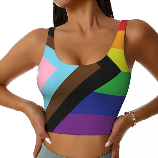 Custom Women's Gay Pride Rainbow Flag LGBTQ Sports Bra LGBT Lesbian Bisexual High Impact Gym Workout Yoga Crop Tank Tops Euro Pride