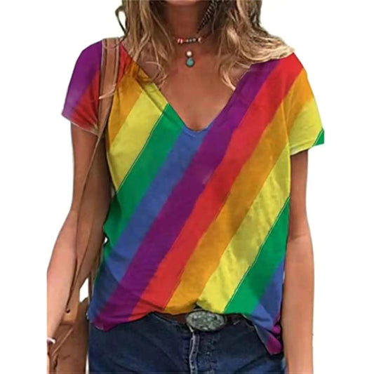 Rainbow Heart 3D Pride T-Shirt – V-Neck Summer Tee for Women Euro Pride