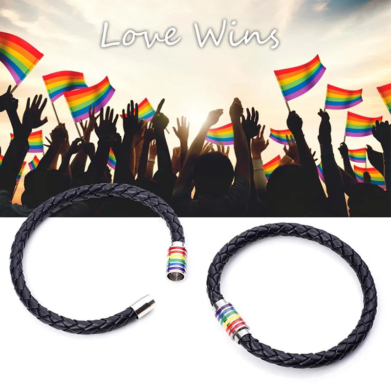Pride Bracelet Gay Pride Leather Bracelet LGBT Titanium Stainless Steel Rainbow bracelet Enamel Charms  for Men Women jewelry Euro Pride