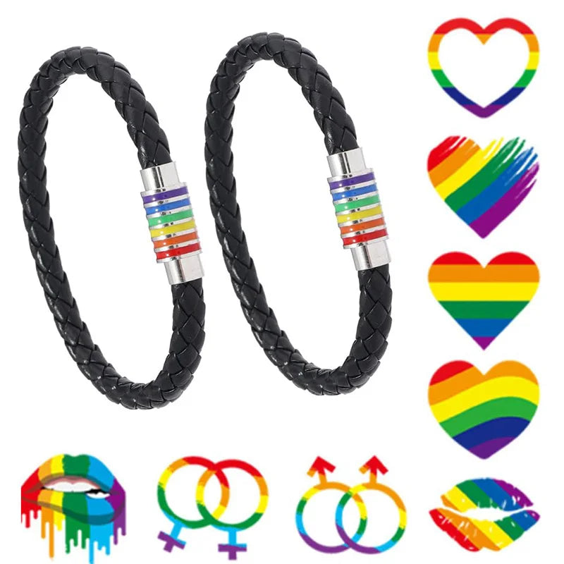 Pride Bracelet Gay Pride Leather Bracelet LGBT Titanium Stainless Steel Rainbow bracelet Enamel Charms  for Men Women jewelry Euro Pride